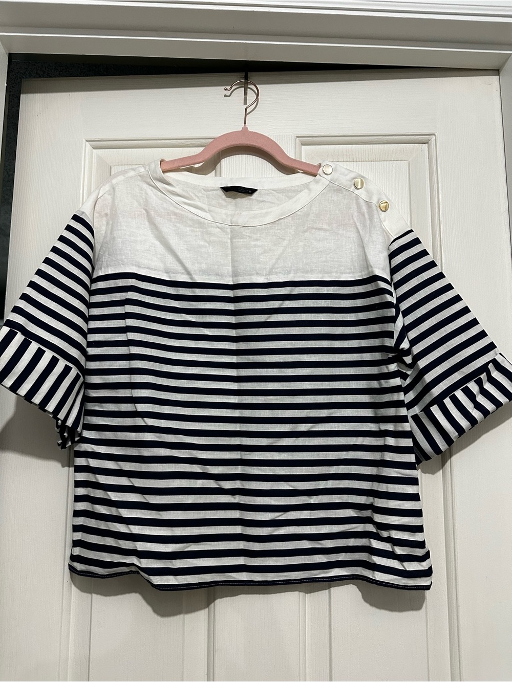 Zara Navy and White Striped Short Sleeve Button-Shoulder Top - Picture 1 of 10
